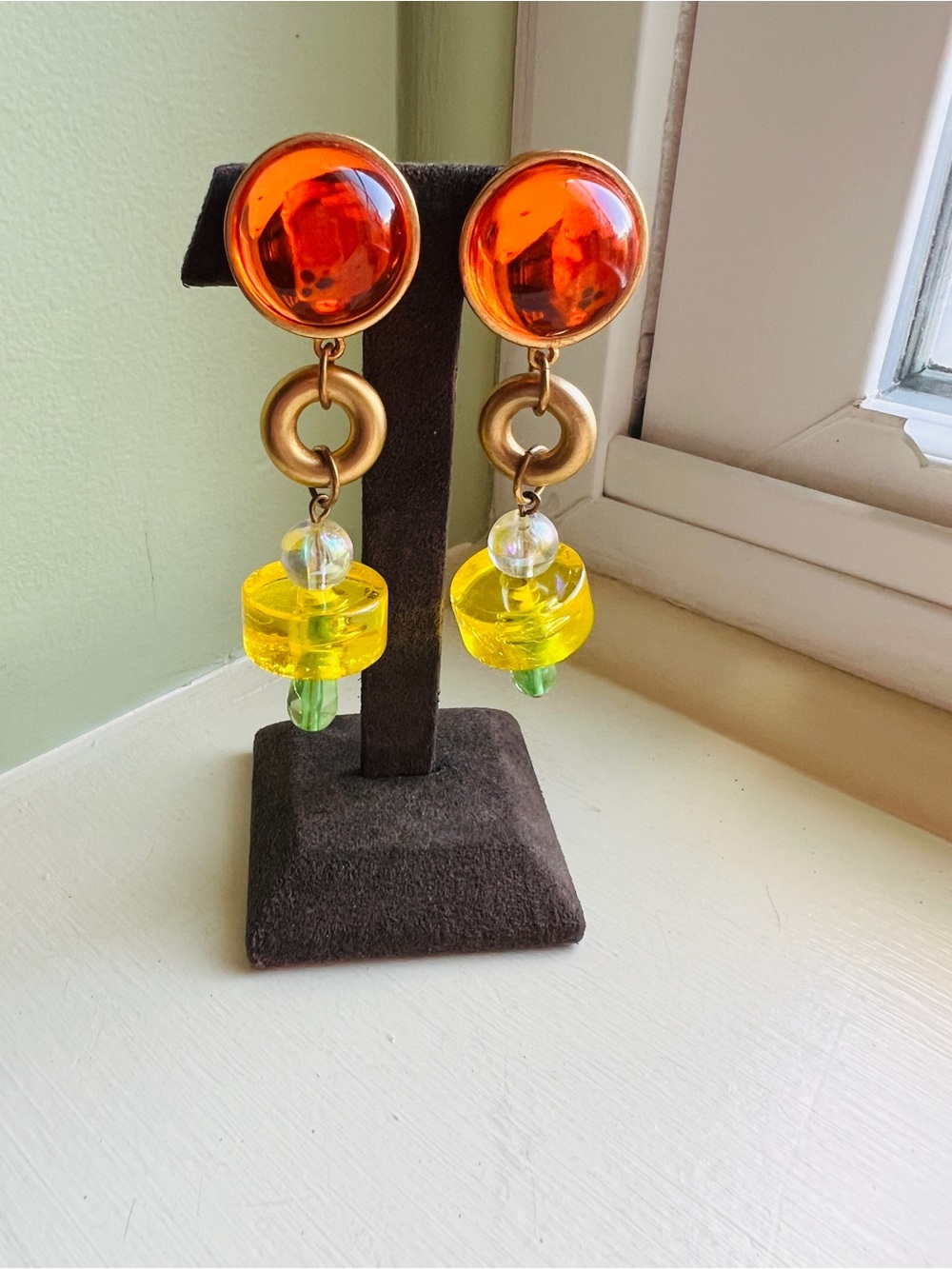 Vintage Aloria Gold Tone orange green yellow  Lucite Statement Earrings 80s